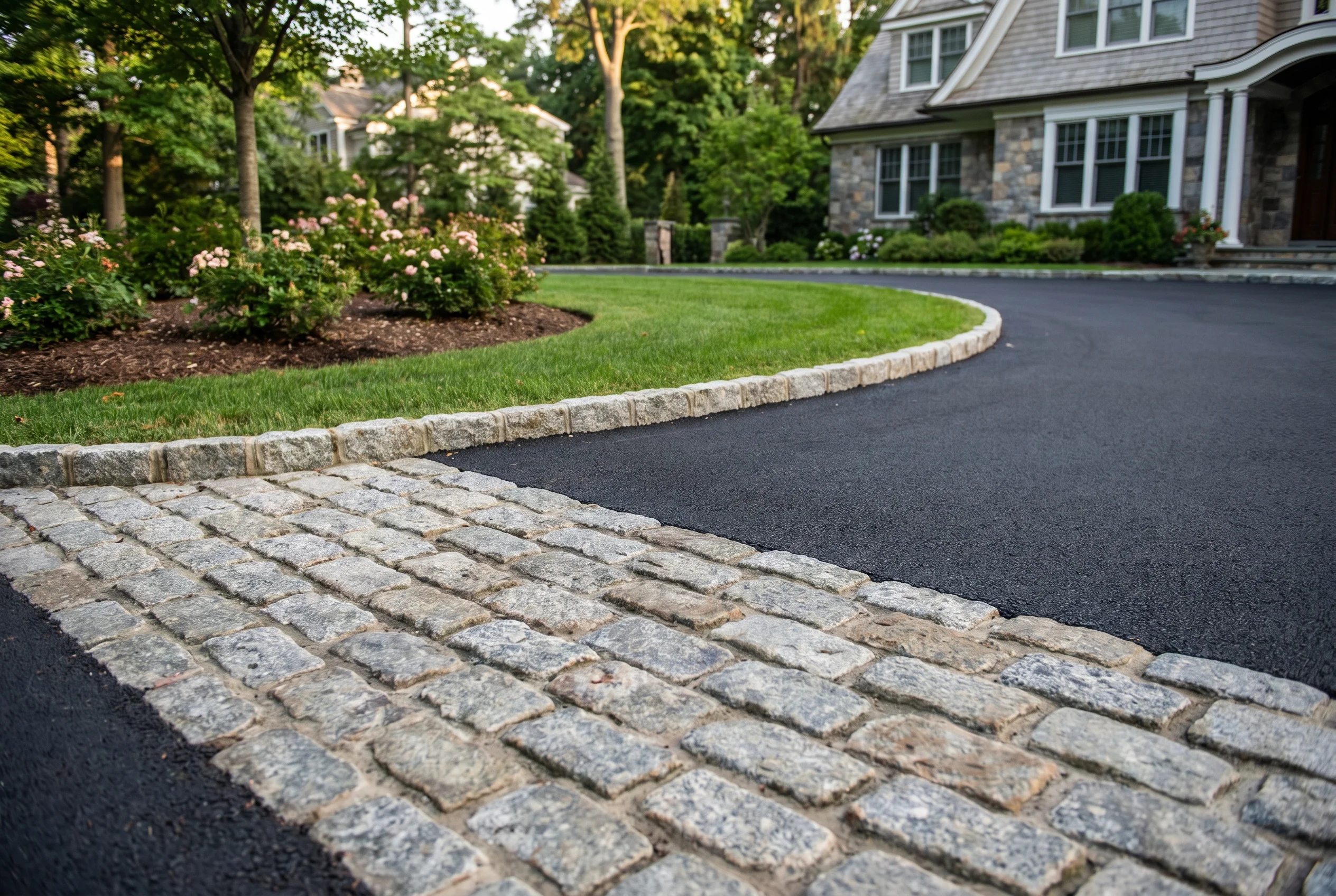 Belgian block curbing along a freshly sealcoated driveway in Westchester