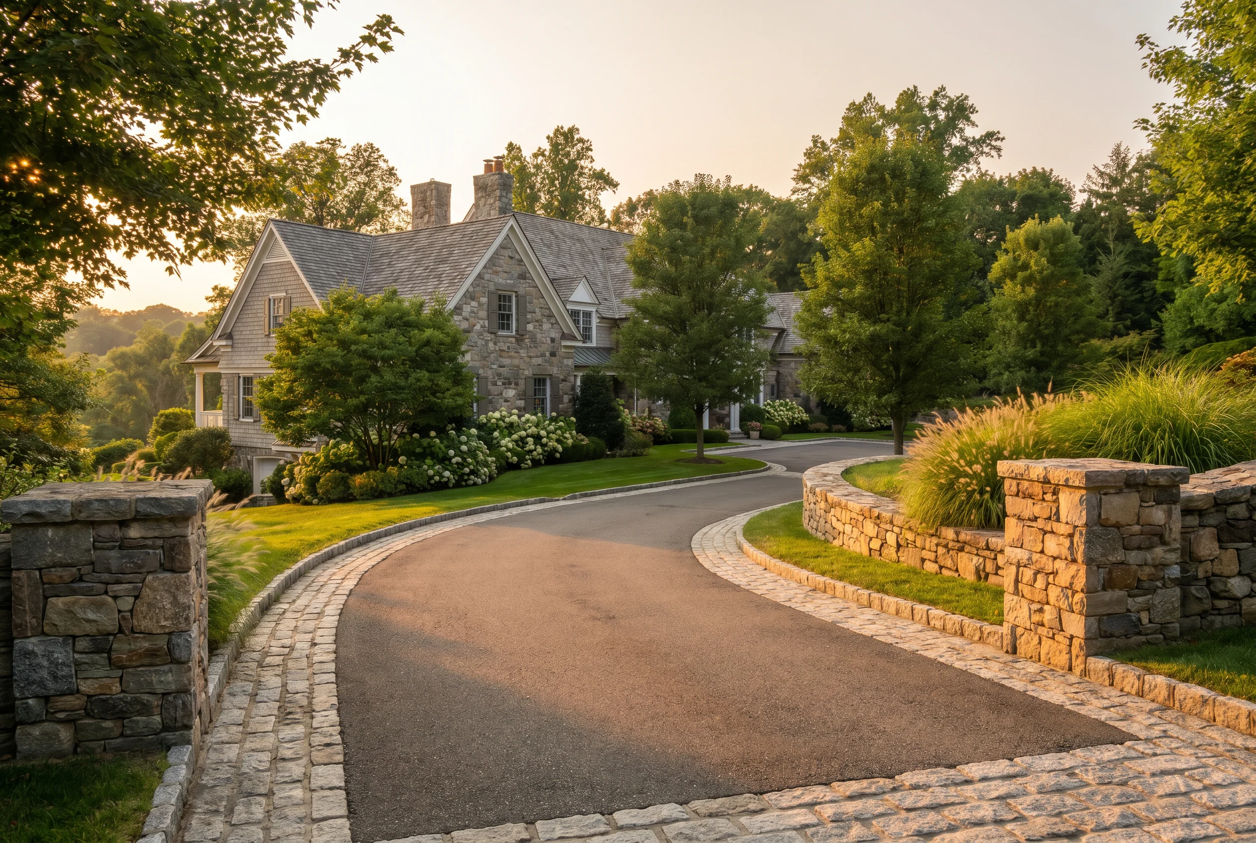 Stone walkway and Belgian block curbing at a Westchester home
