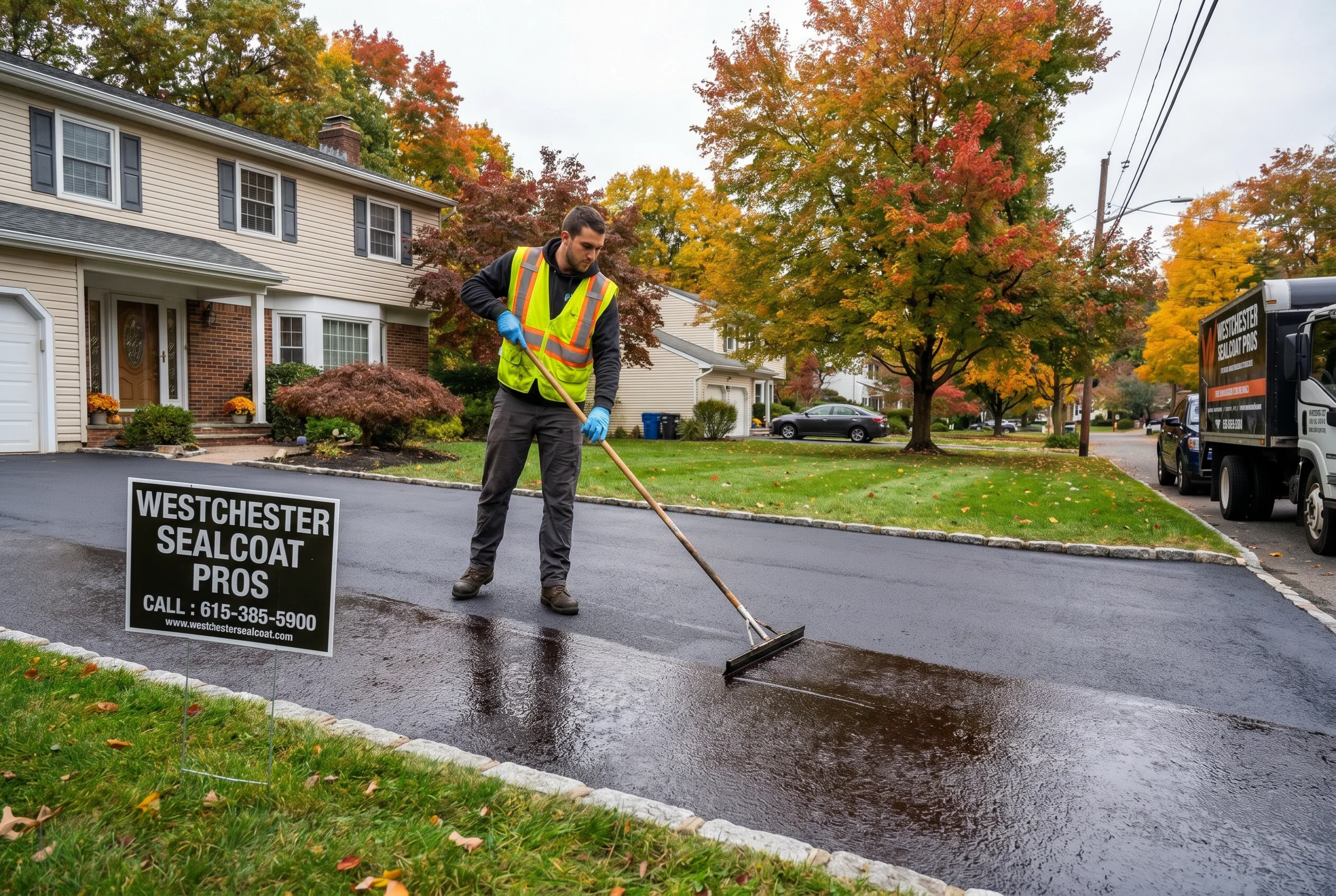 Professional sealcoating application on a Westchester residential driveway