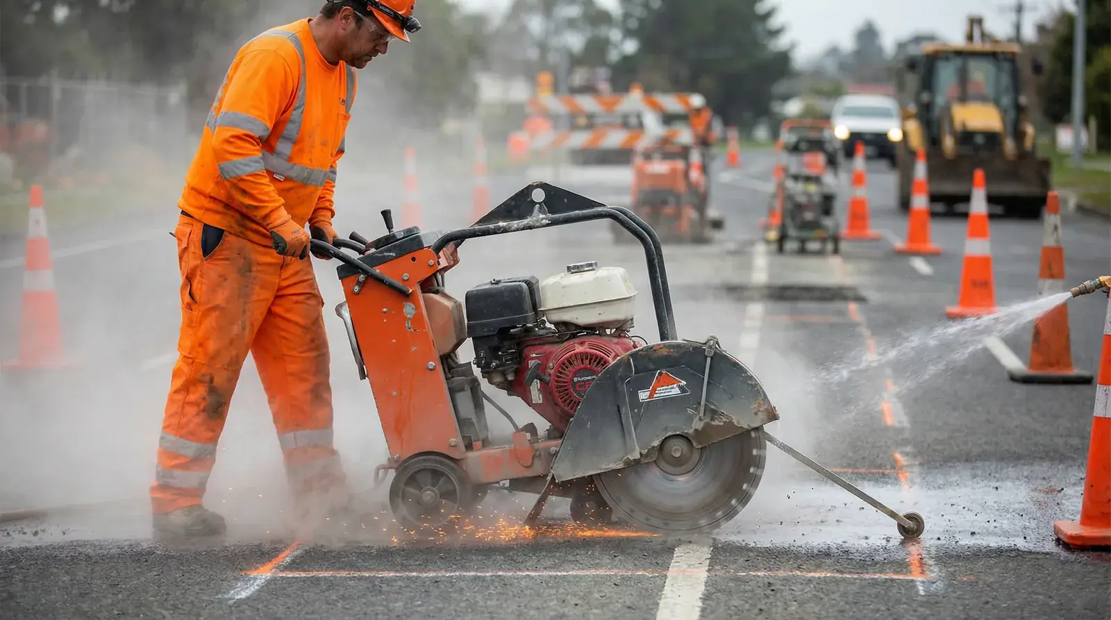 Concrete saw cutting damaged asphalt section for patch repair