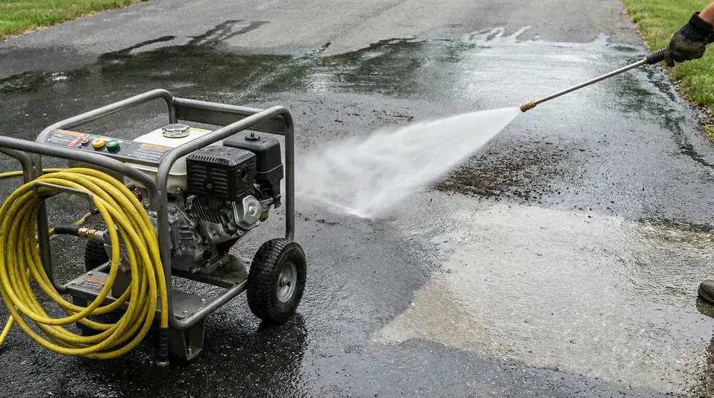 Commercial power washer cleaning and preparing asphalt driveway surface